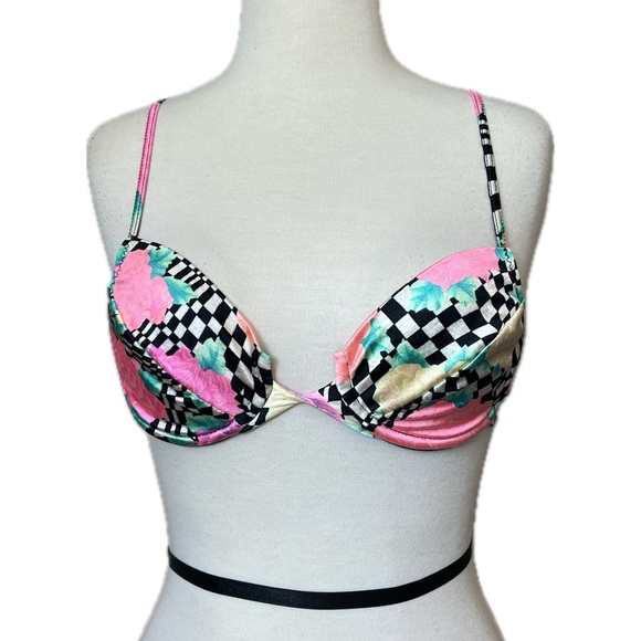 VINTAGE RITCHIE SWIMWEAR Pink and Black Geometric Floral Swim Top